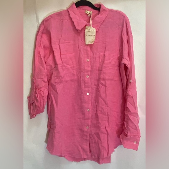 NEW HEM & THREAD Gauze Button Up Shirt Summer Heat Candy Pink Size Medium - Picture 1 of 7